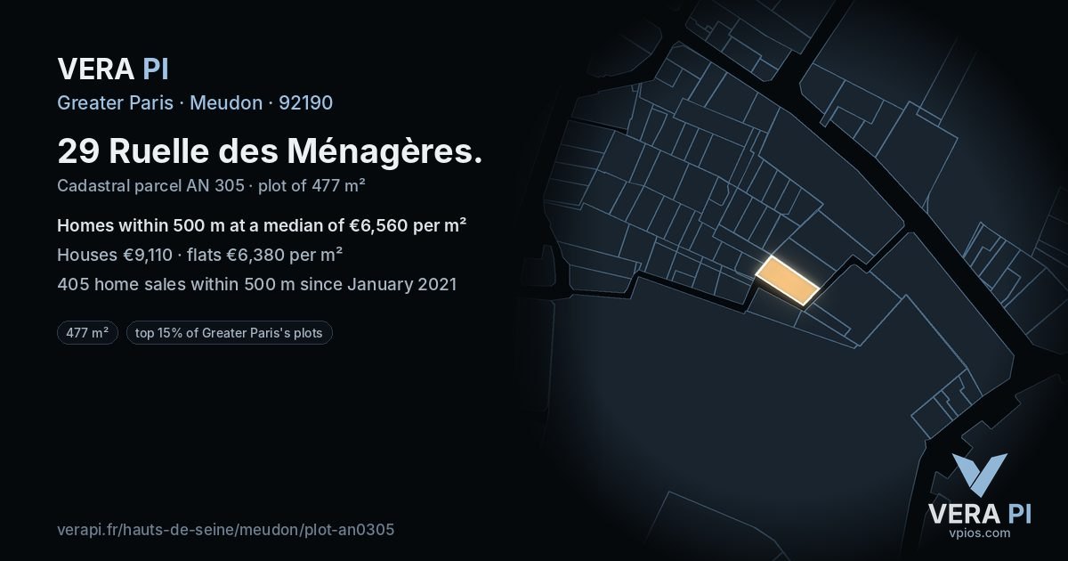 29 Ruelle des Ménagères, Meudon at night – the plot lit, the parcels around coloured by the prices near them