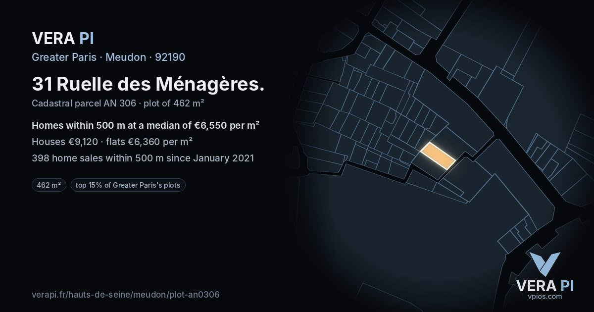 31 Ruelle des Ménagères, Meudon at night – the plot lit, the parcels around coloured by the prices near them