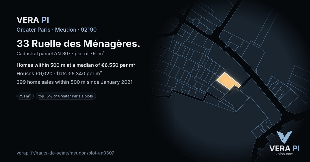 33 Ruelle des Ménagères, Meudon at night – the plot lit, the parcels around coloured by the prices near them