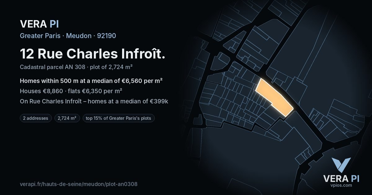 12 Rue Charles Infroît, Meudon at night – the plot lit, the parcels around coloured by the prices near them