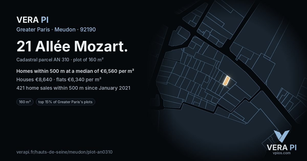 21 Allée Mozart, Meudon at night – the plot lit, the parcels around coloured by the prices near them