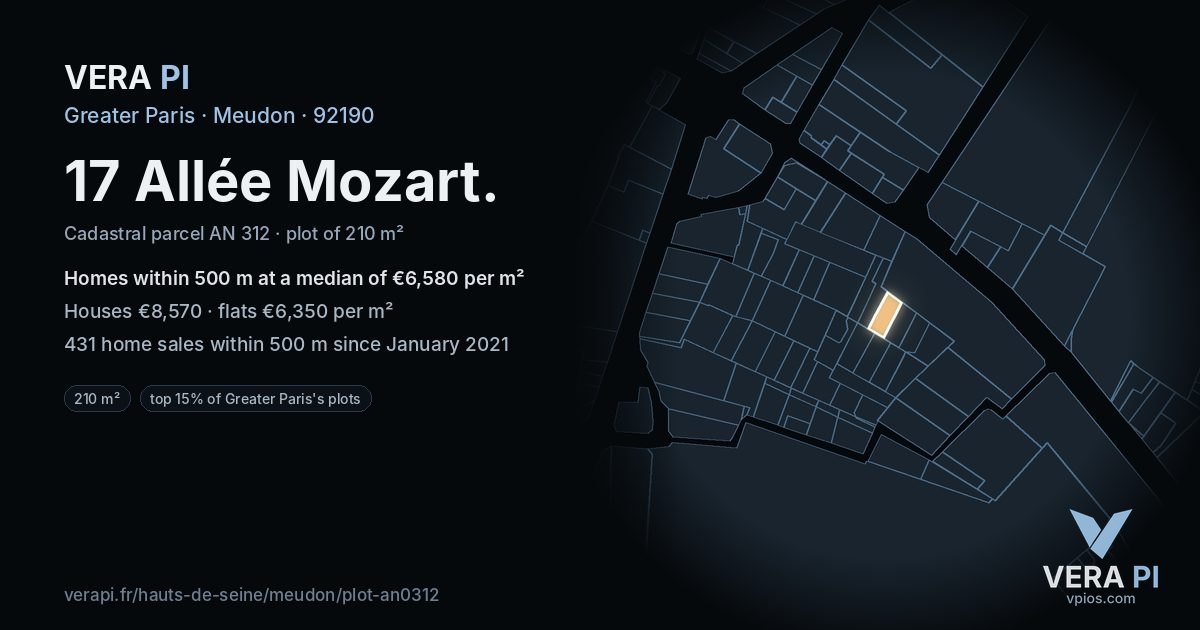17 Allée Mozart, Meudon at night – the plot lit, the parcels around coloured by the prices near them