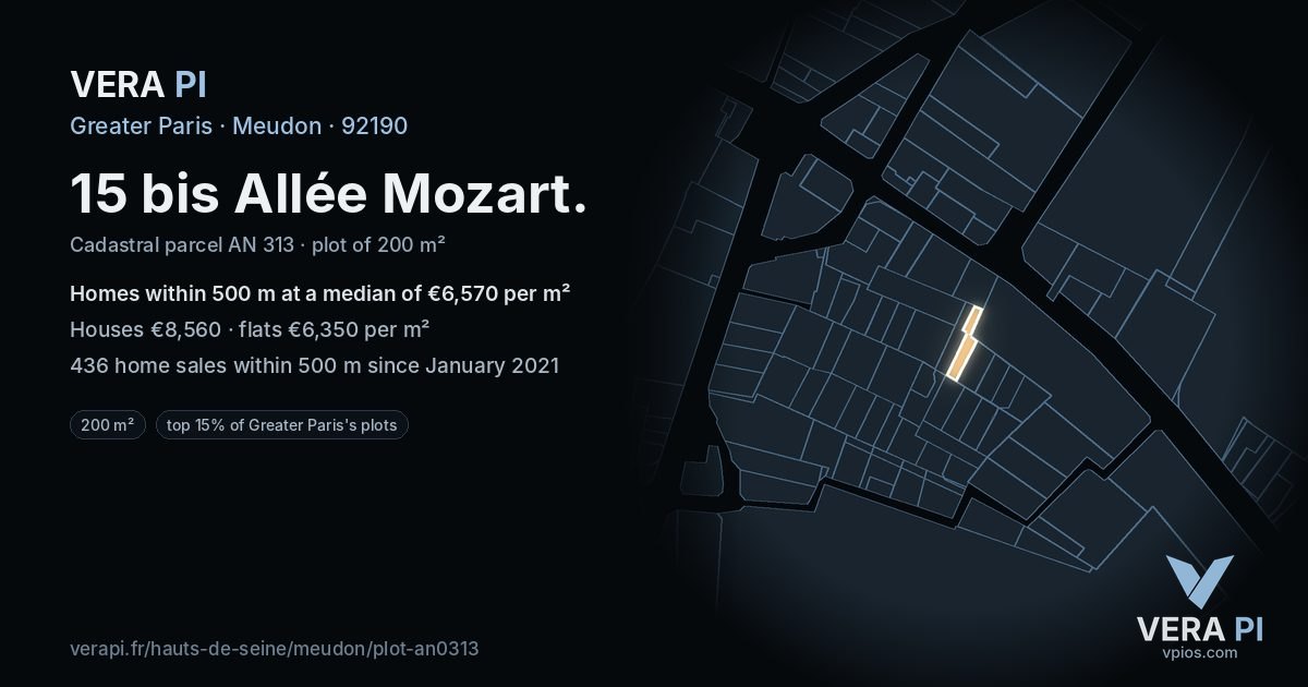 15 bis Allée Mozart, Meudon at night – the plot lit, the parcels around coloured by the prices near them