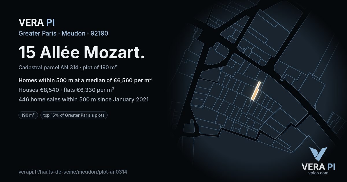 15 Allée Mozart, Meudon at night – the plot lit, the parcels around coloured by the prices near them