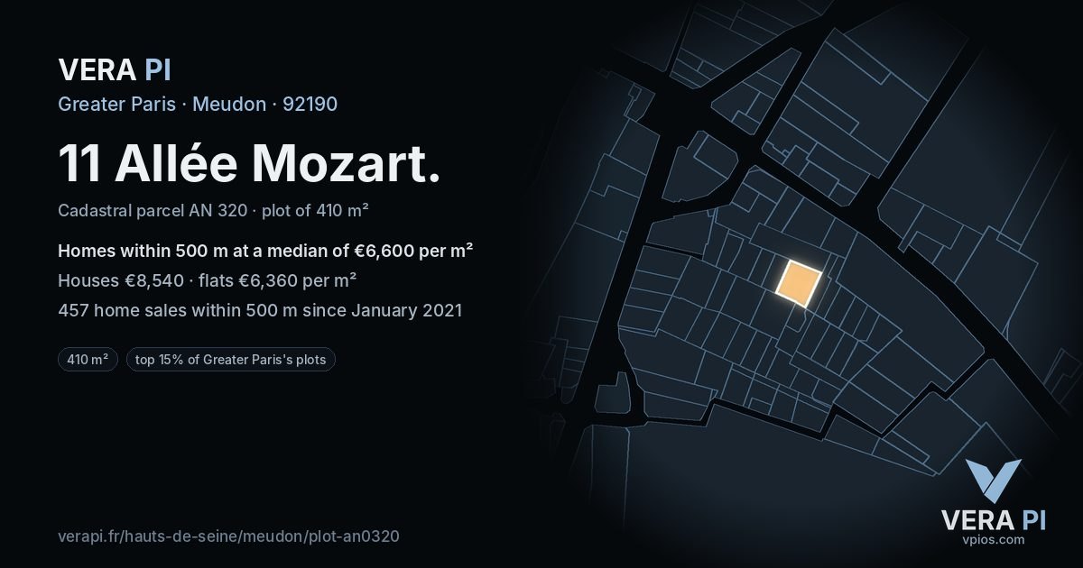 11 Allée Mozart, Meudon at night – the plot lit, the parcels around coloured by the prices near them
