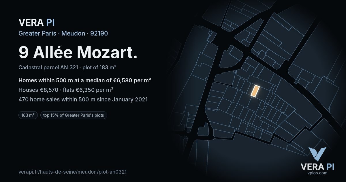9 Allée Mozart, Meudon at night – the plot lit, the parcels around coloured by the prices near them