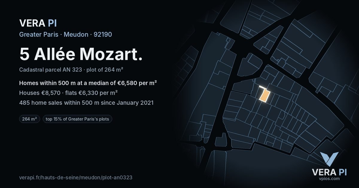 5 Allée Mozart, Meudon at night – the plot lit, the parcels around coloured by the prices near them