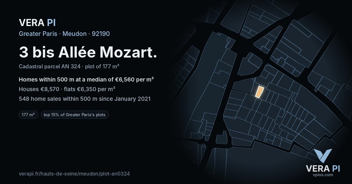 3 bis Allée Mozart, Meudon at night – the plot lit, the parcels around coloured by the prices near them