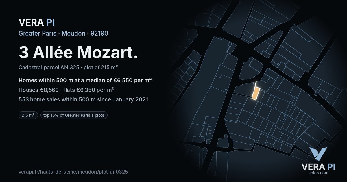 3 Allée Mozart, Meudon at night – the plot lit, the parcels around coloured by the prices near them