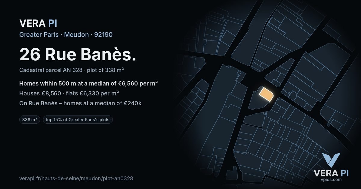 26 Rue Banès, Meudon at night – the plot lit, the parcels around coloured by the prices near them