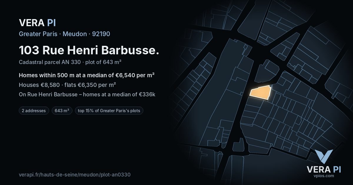103 Rue Henri Barbusse, Meudon at night – the plot lit, the parcels around coloured by the prices near them
