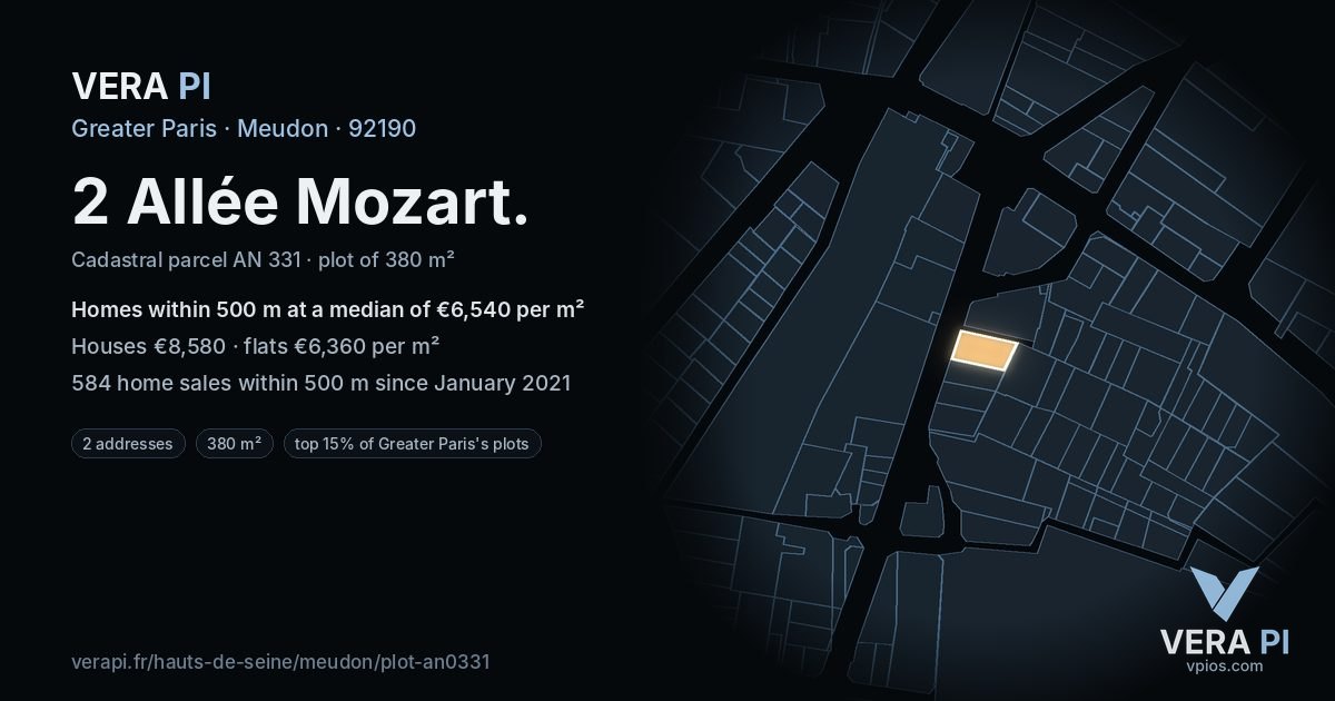 2 Allée Mozart, Meudon at night – the plot lit, the parcels around coloured by the prices near them