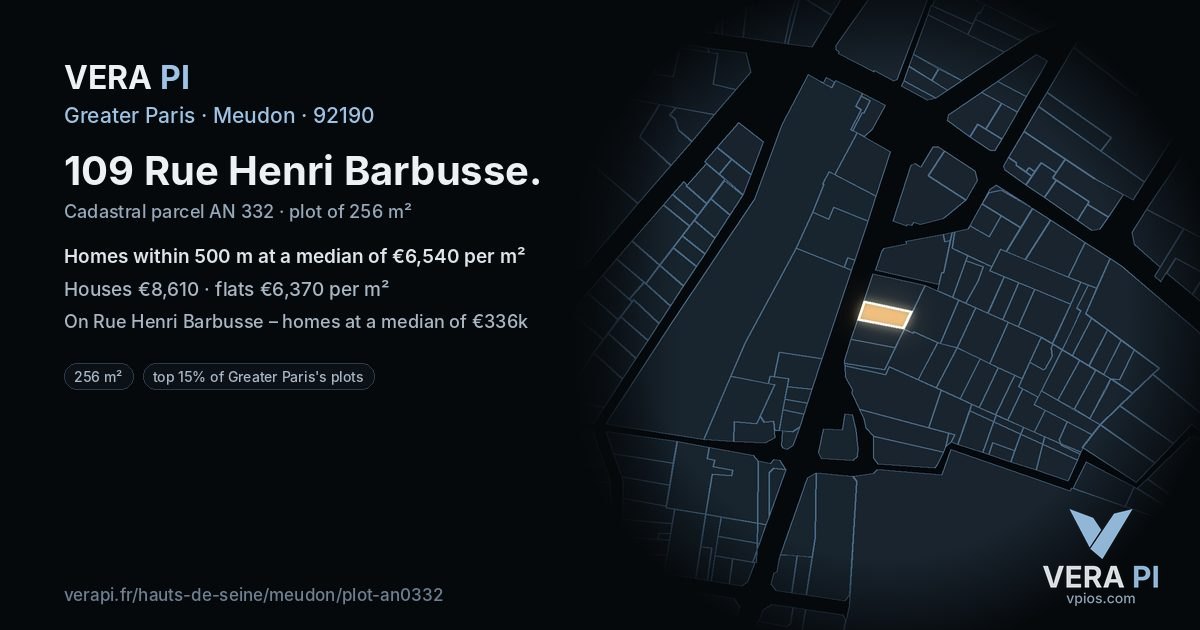 109 Rue Henri Barbusse, Meudon at night – the plot lit, the parcels around coloured by the prices near them