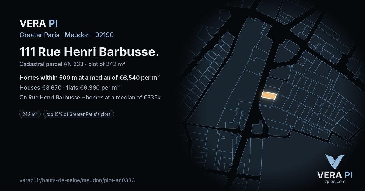 111 Rue Henri Barbusse, Meudon at night – the plot lit, the parcels around coloured by the prices near them