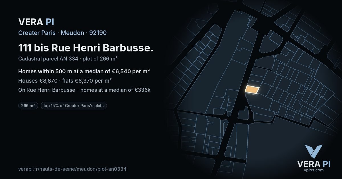 111 bis Rue Henri Barbusse, Meudon at night – the plot lit, the parcels around coloured by the prices near them