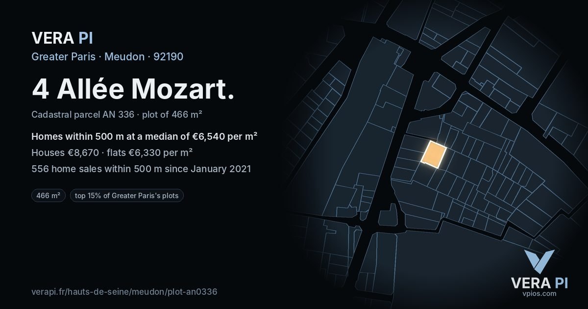 4 Allée Mozart, Meudon at night – the plot lit, the parcels around coloured by the prices near them