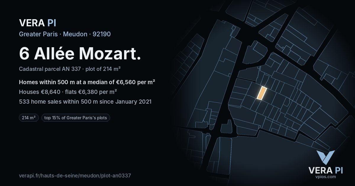 6 Allée Mozart, Meudon at night – the plot lit, the parcels around coloured by the prices near them