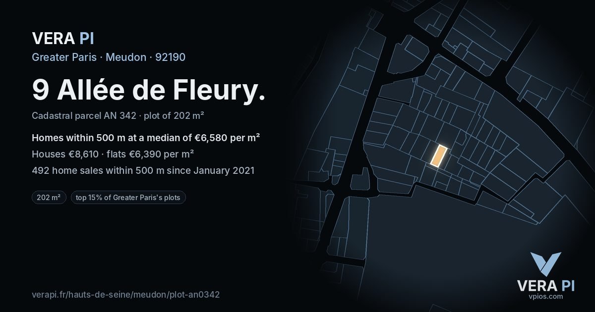 9 Allée de Fleury, Meudon at night – the plot lit, the parcels around coloured by the prices near them