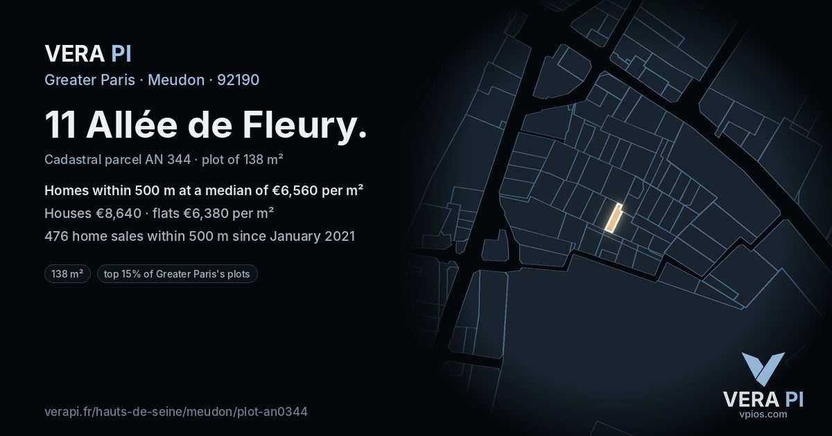 11 Allée de Fleury, Meudon at night – the plot lit, the parcels around coloured by the prices near them