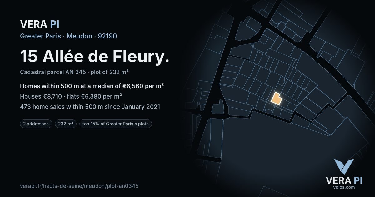 15 Allée de Fleury, Meudon at night – the plot lit, the parcels around coloured by the prices near them