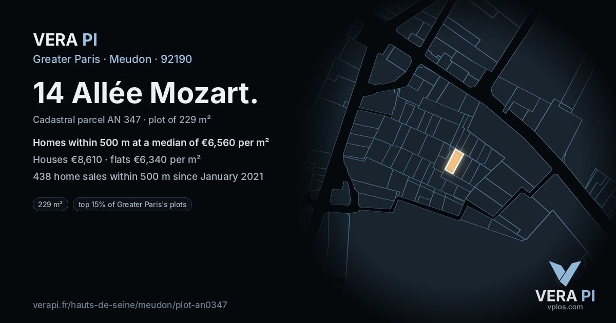 14 Allée Mozart, Meudon at night – the plot lit, the parcels around coloured by the prices near them
