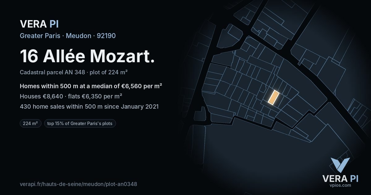 16 Allée Mozart, Meudon at night – the plot lit, the parcels around coloured by the prices near them
