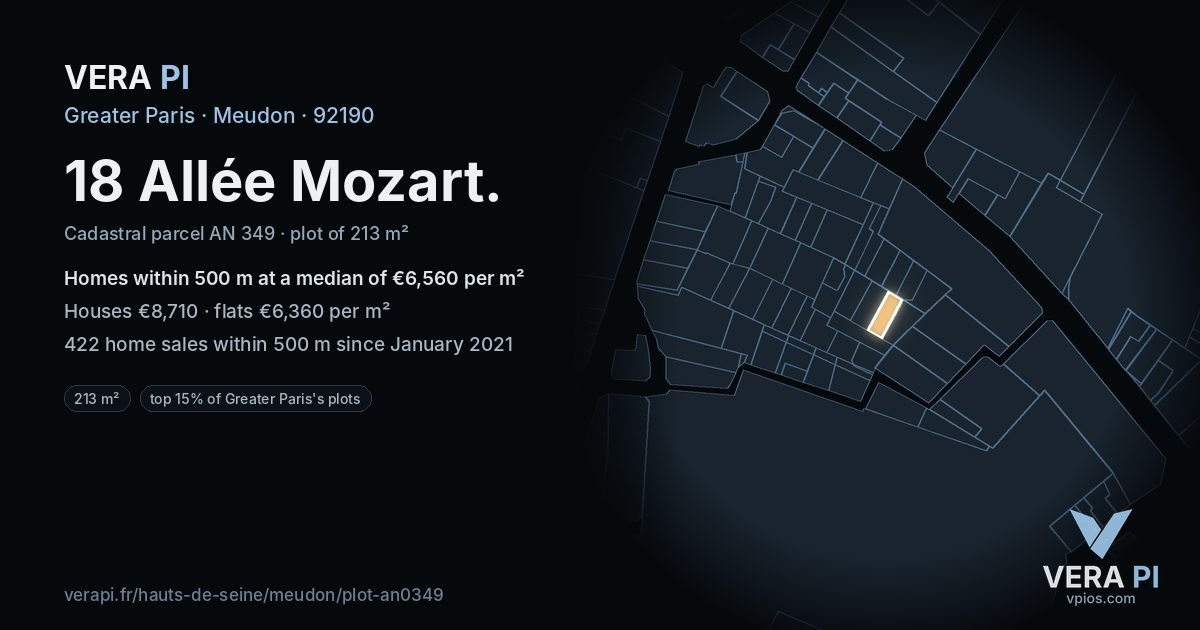 18 Allée Mozart, Meudon at night – the plot lit, the parcels around coloured by the prices near them