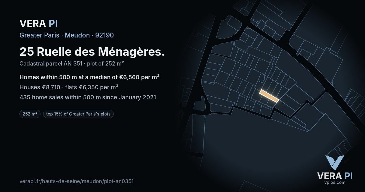 25 Ruelle des Ménagères, Meudon at night – the plot lit, the parcels around coloured by the prices near them