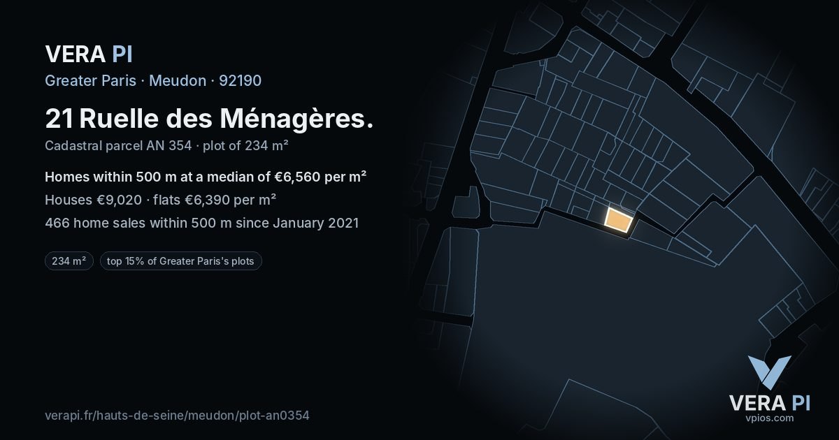 21 Ruelle des Ménagères, Meudon at night – the plot lit, the parcels around coloured by the prices near them