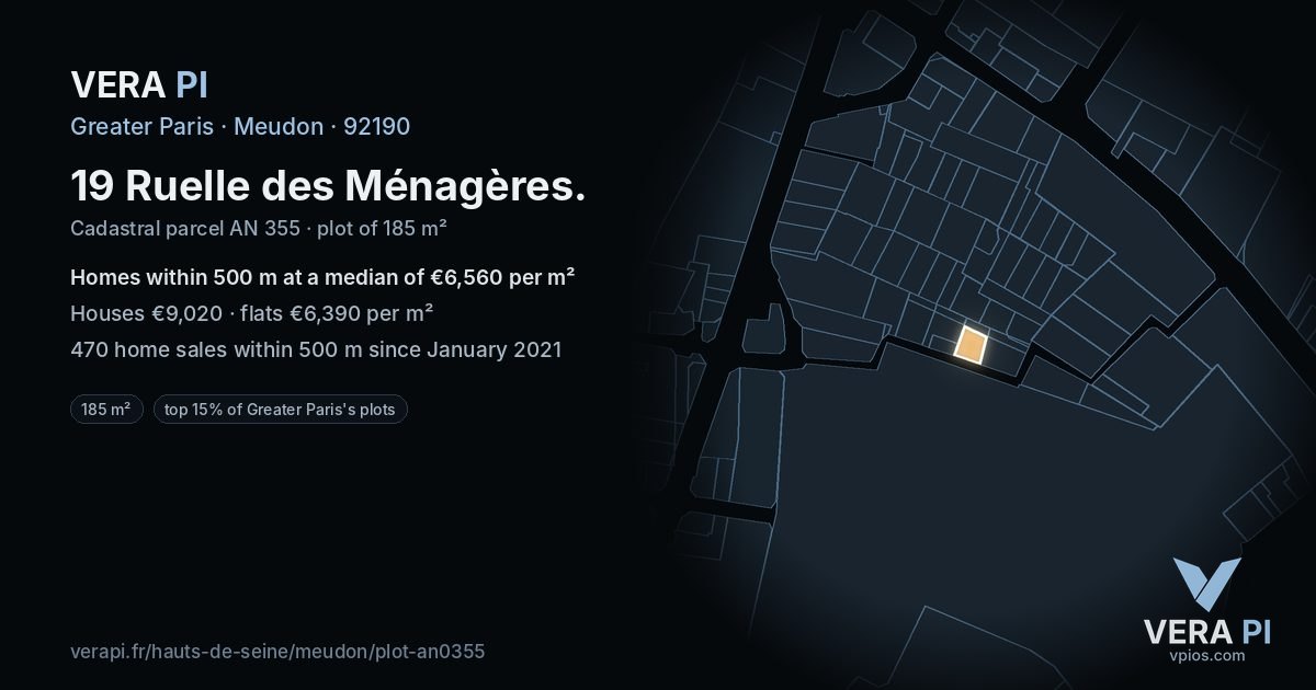 19 Ruelle des Ménagères, Meudon at night – the plot lit, the parcels around coloured by the prices near them
