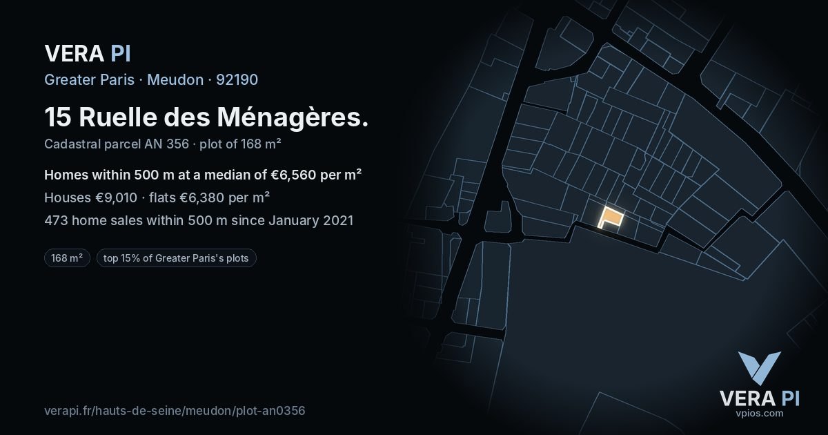 15 Ruelle des Ménagères, Meudon at night – the plot lit, the parcels around coloured by the prices near them
