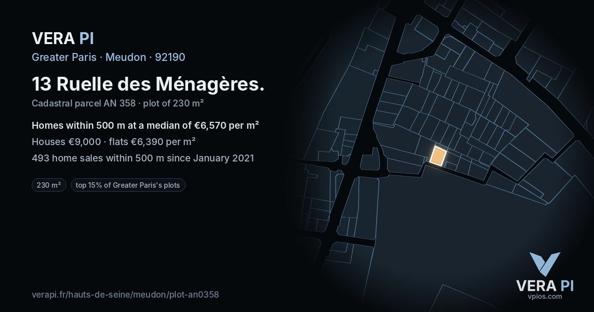 13 Ruelle des Ménagères, Meudon at night – the plot lit, the parcels around coloured by the prices near them