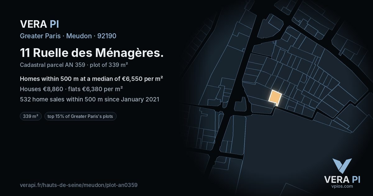 11 Ruelle des Ménagères, Meudon at night – the plot lit, the parcels around coloured by the prices near them