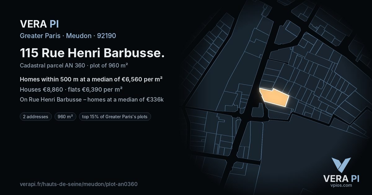 115 Rue Henri Barbusse, Meudon at night – the plot lit, the parcels around coloured by the prices near them