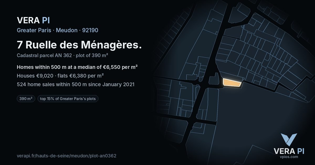 7 Ruelle des Ménagères, Meudon at night – the plot lit, the parcels around coloured by the prices near them