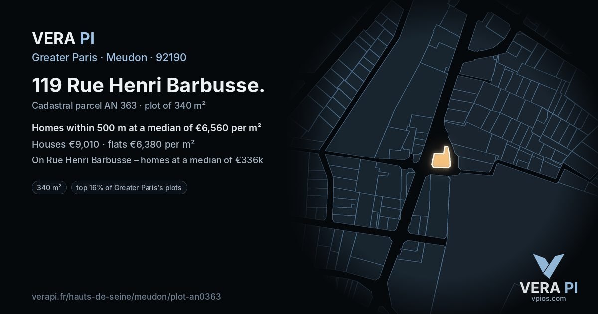 119 Rue Henri Barbusse, Meudon at night – the plot lit, the parcels around coloured by the prices near them
