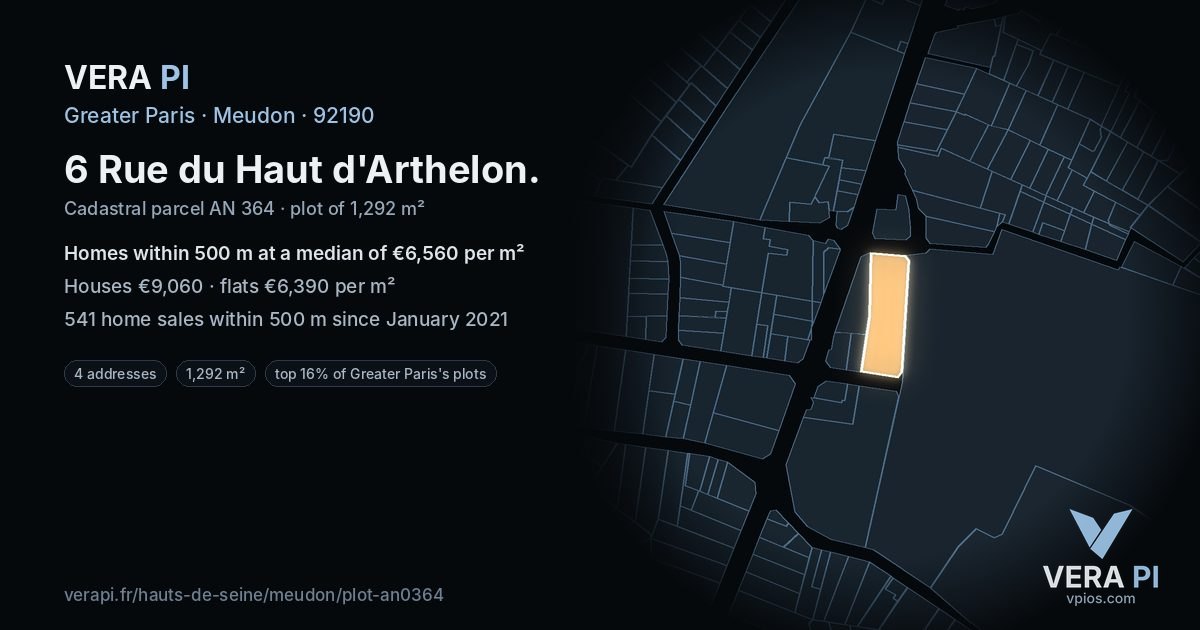 6 Rue du Haut d'Arthelon, Meudon at night – the plot lit, the parcels around coloured by the prices near them
