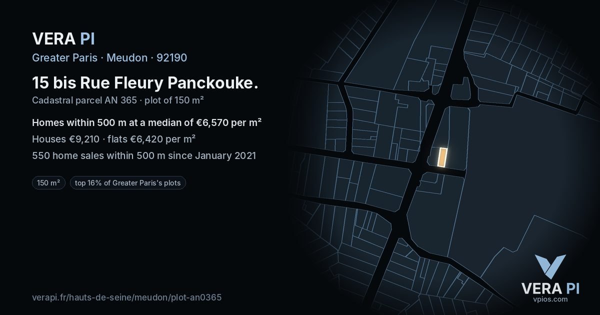 15 bis Rue Fleury Panckouke, Meudon at night – the plot lit, the parcels around coloured by the prices near them
