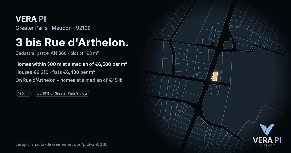3 bis Rue d'Arthelon, Meudon at night – the plot lit, the parcels around coloured by the prices near them