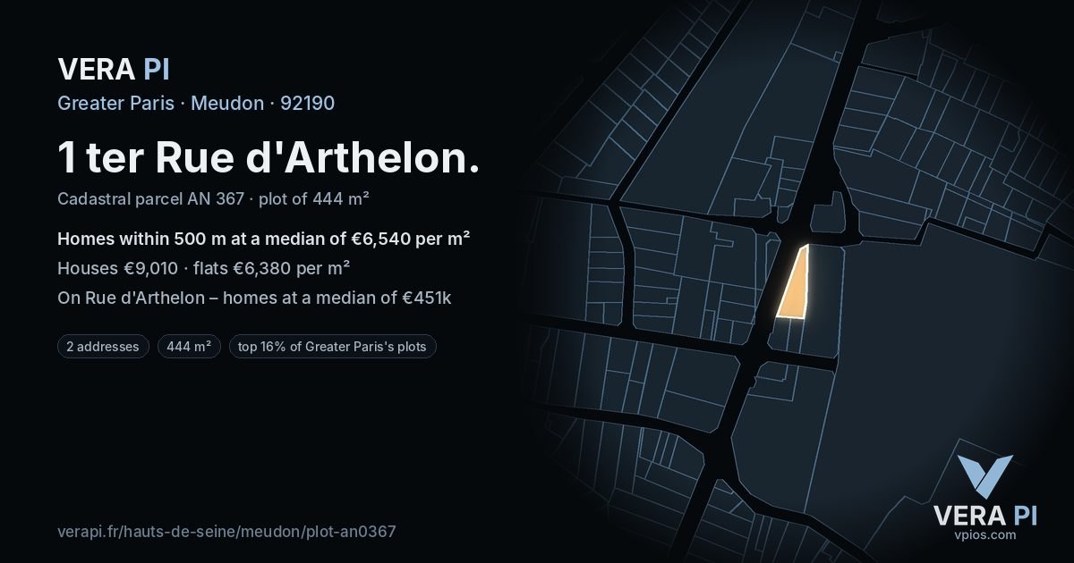 1 ter Rue d'Arthelon, Meudon at night – the plot lit, the parcels around coloured by the prices near them