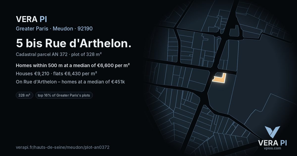5 bis Rue d'Arthelon, Meudon at night – the plot lit, the parcels around coloured by the prices near them