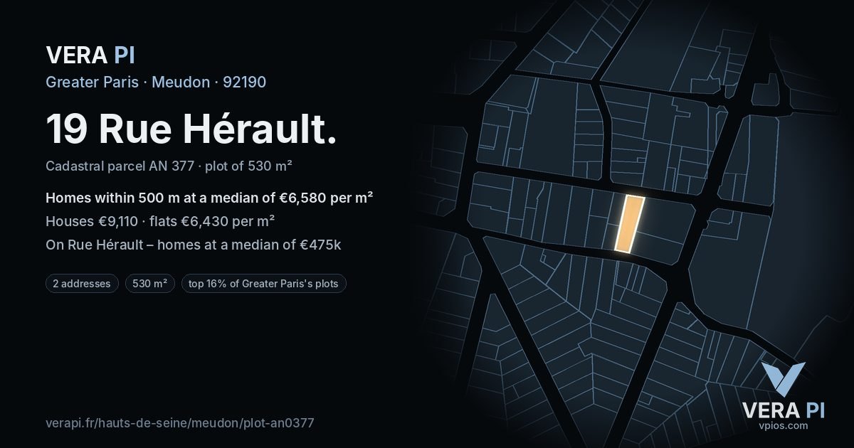19 Rue Hérault, Meudon at night – the plot lit, the parcels around coloured by the prices near them