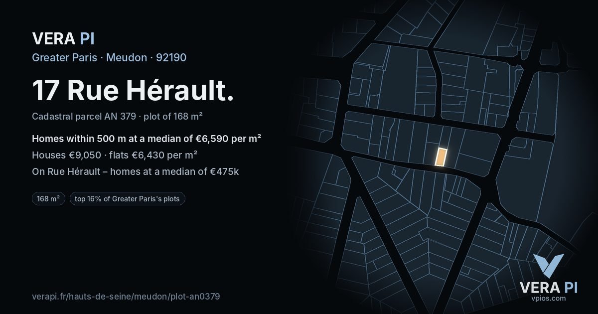 17 Rue Hérault, Meudon at night – the plot lit, the parcels around coloured by the prices near them