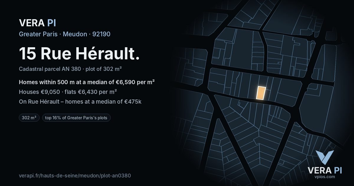 15 Rue Hérault, Meudon at night – the plot lit, the parcels around coloured by the prices near them