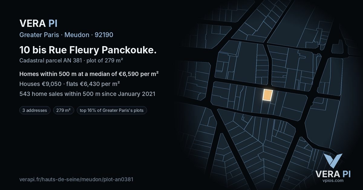 10 bis Rue Fleury Panckouke, Meudon at night – the plot lit, the parcels around coloured by the prices near them