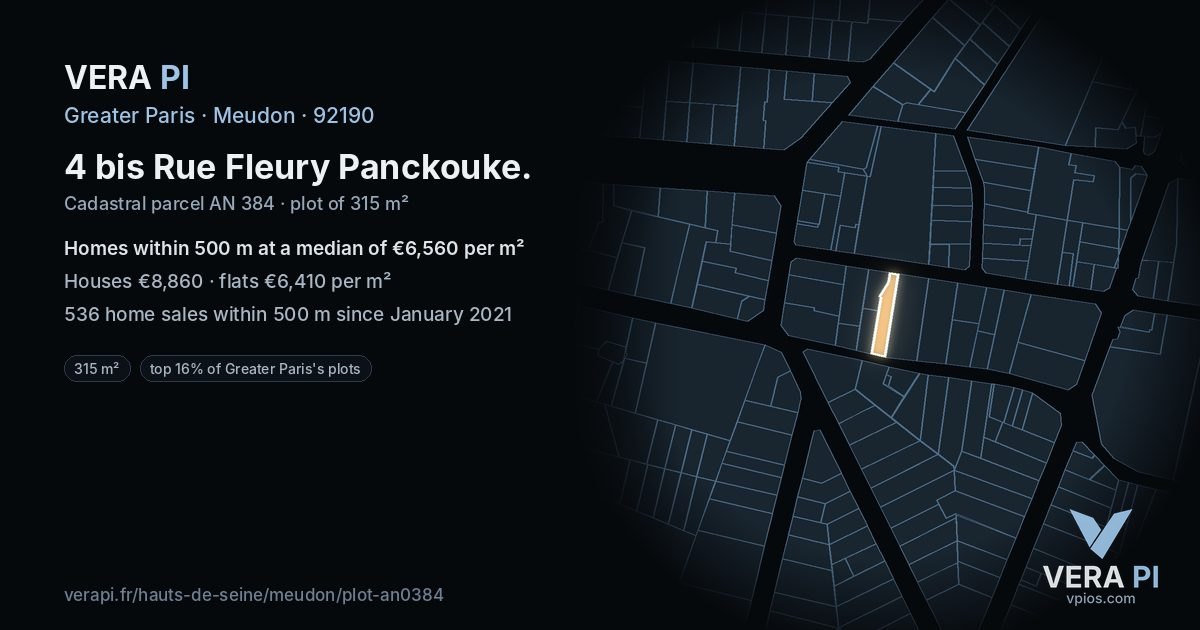 4 bis Rue Fleury Panckouke, Meudon at night – the plot lit, the parcels around coloured by the prices near them