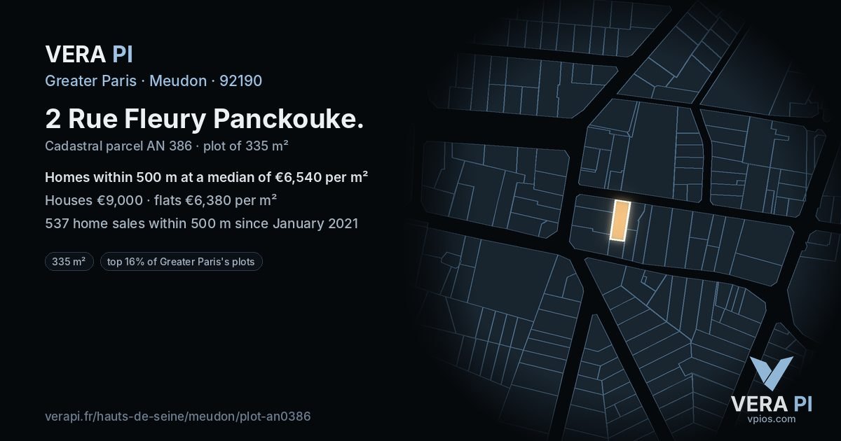 2 Rue Fleury Panckouke, Meudon at night – the plot lit, the parcels around coloured by the prices near them