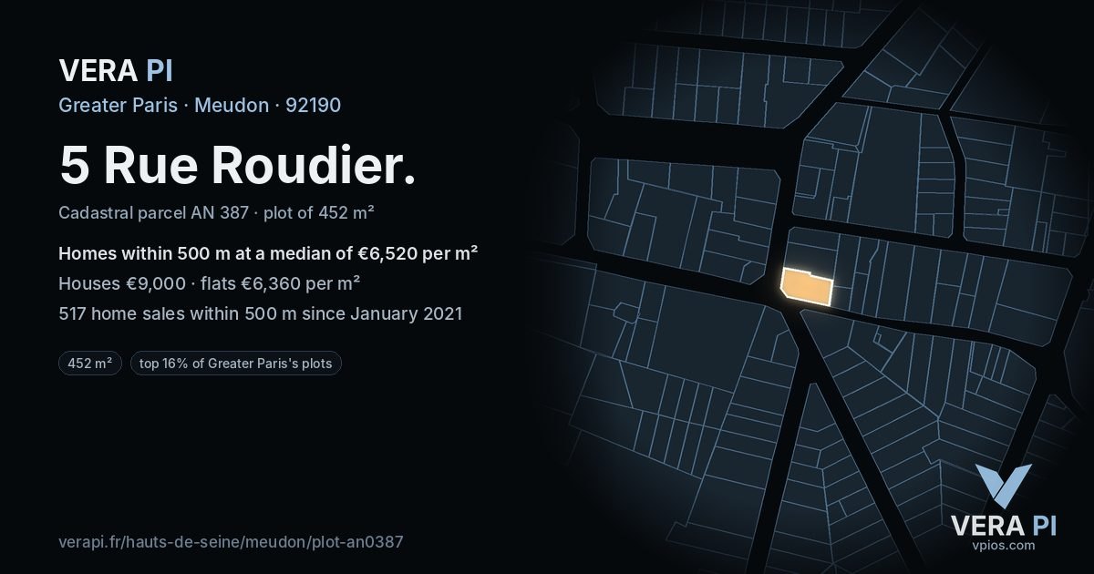 5 Rue Roudier, Meudon at night – the plot lit, the parcels around coloured by the prices near them