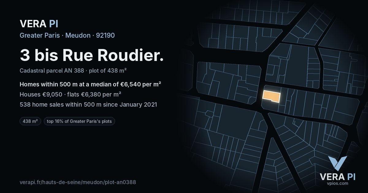 3 bis Rue Roudier, Meudon at night – the plot lit, the parcels around coloured by the prices near them