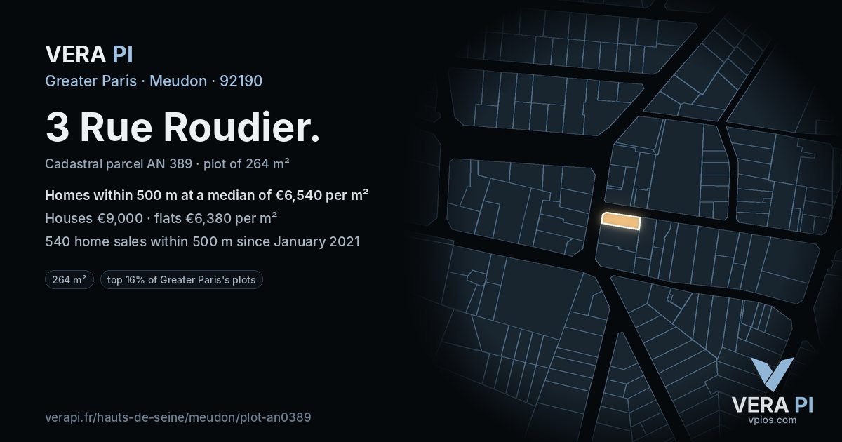 3 Rue Roudier, Meudon at night – the plot lit, the parcels around coloured by the prices near them